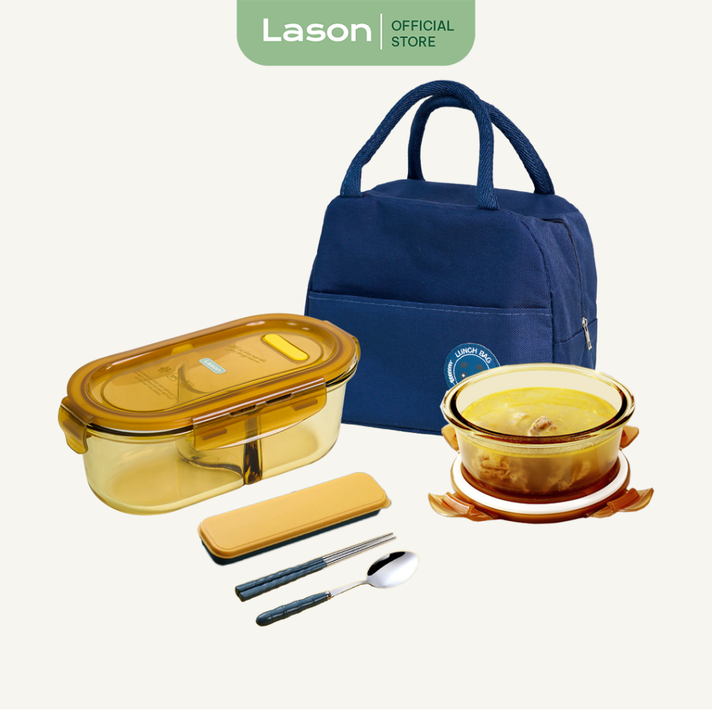 Hộp cơm và hộp canh thủy tinh Lason Hổ Phách 860ml và 480ml CB-HC-TT