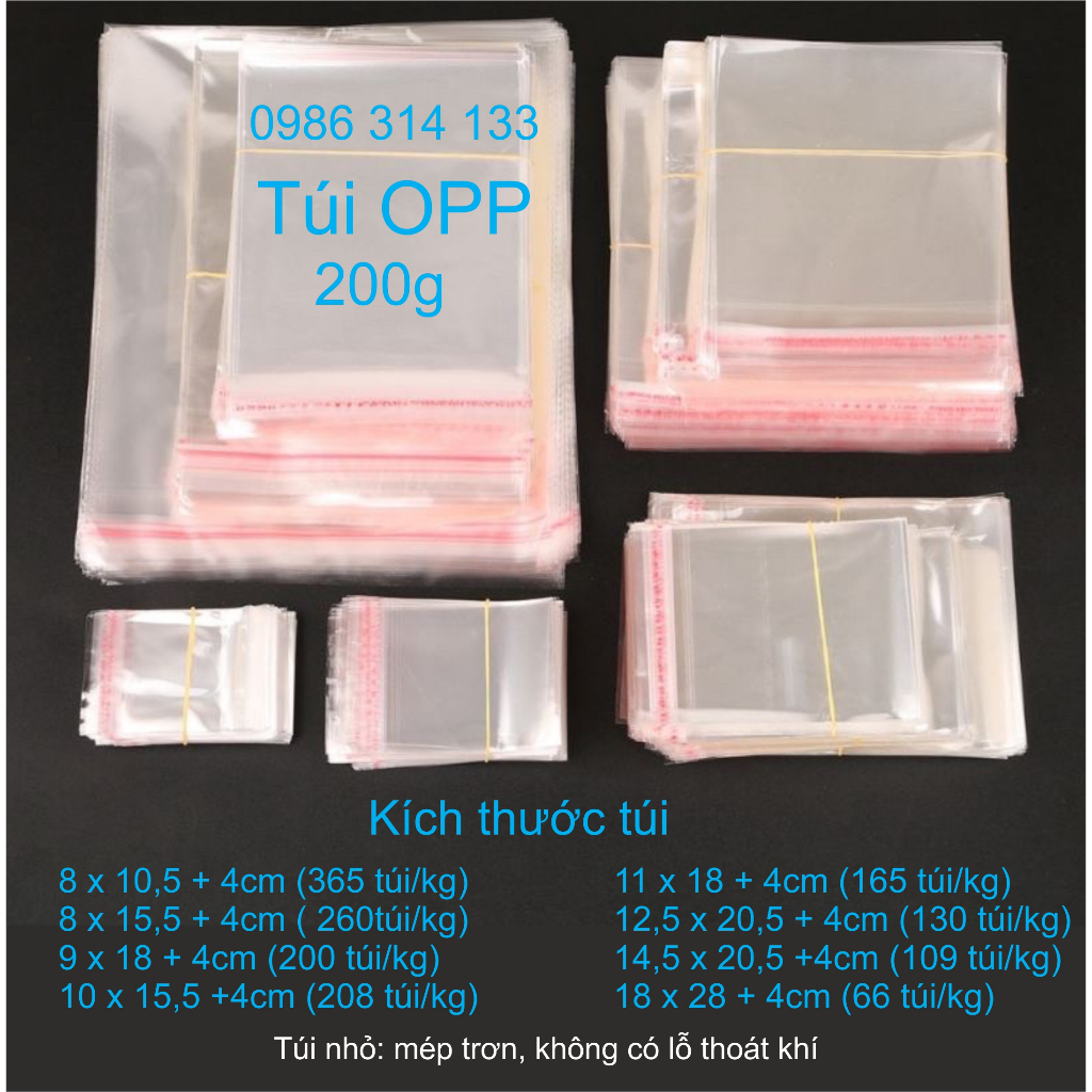 200gram - Túi Bóng Kính OPP Dán Miệng Nhiều Kích Thước- Đóng Quần Áo