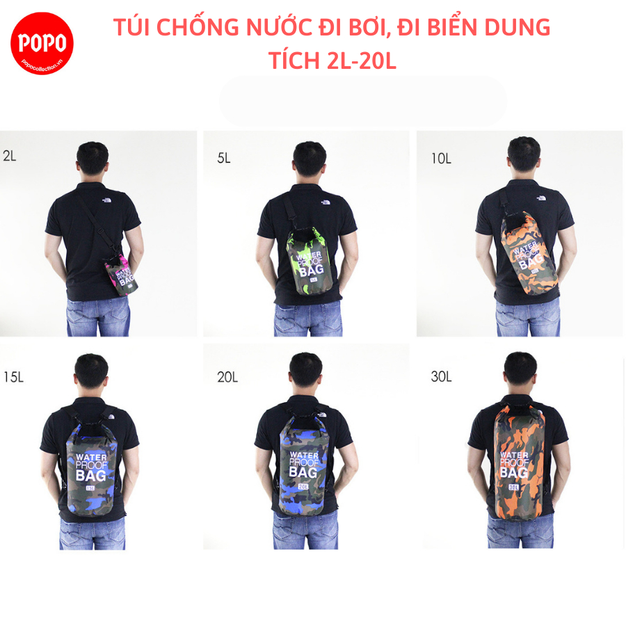 Túi chống thấm nước rằn ri POPO, túi đeo chéo chất liệu polyester cao cấp dung tích từ 2L đến 20L