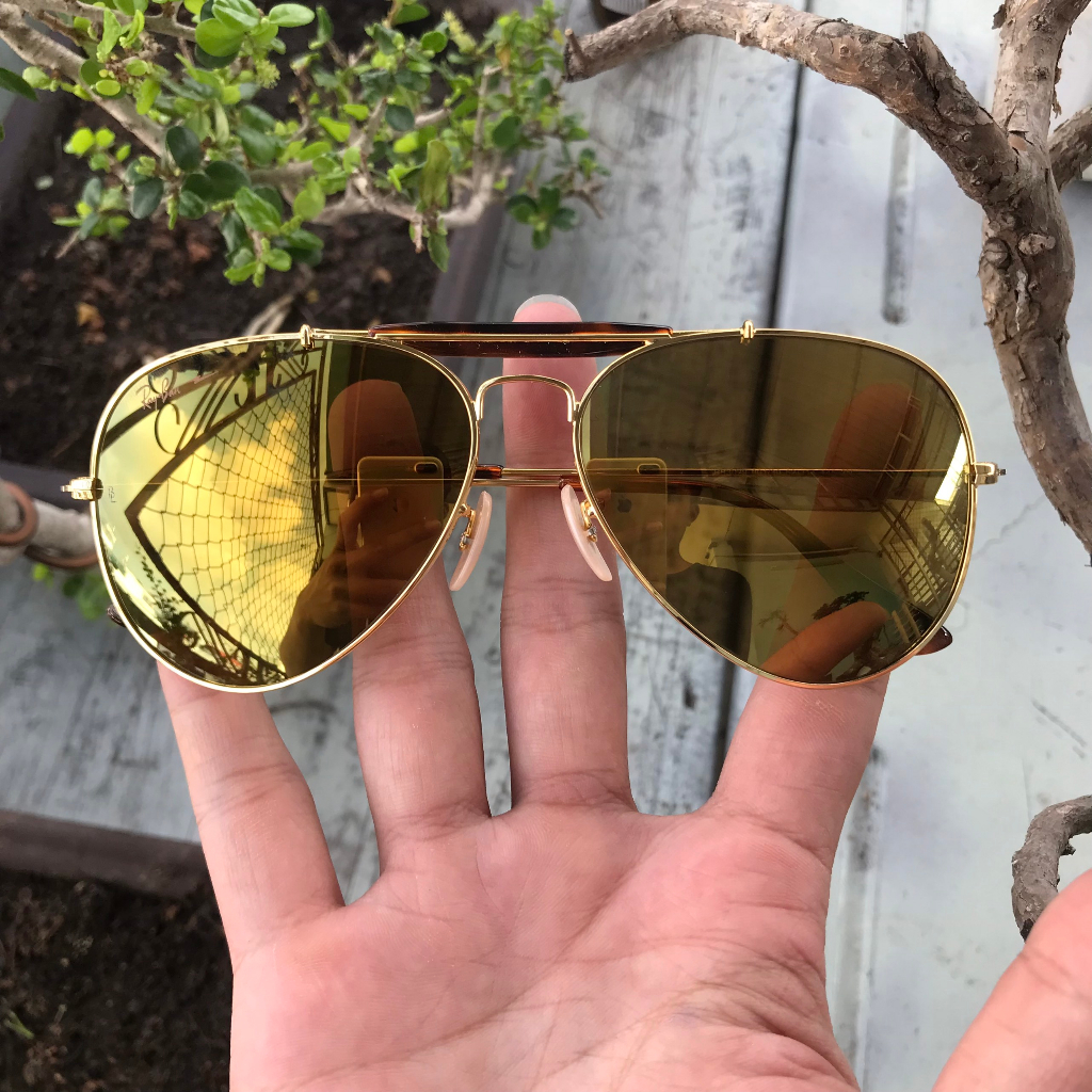 Hình thật - Kính Raybann chính hãng đã qua sử dụng , nguyên zin 100% mắt tráng gương trà xanh 3 cầu cực đẹp - hiếm