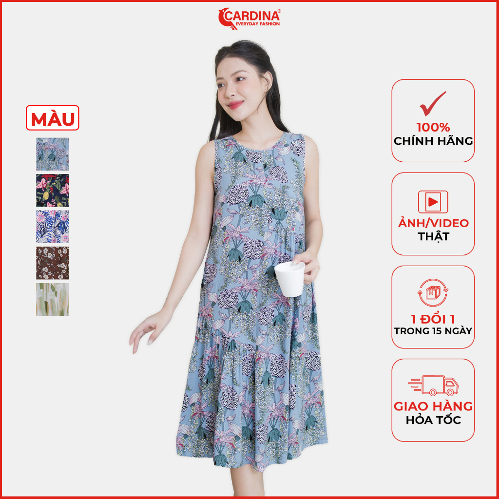 Đầm nữ CARDINA sát nách chất lanh tre cao cấp dáng suông lệch tầng họa tiết điệu đà 3VL03
