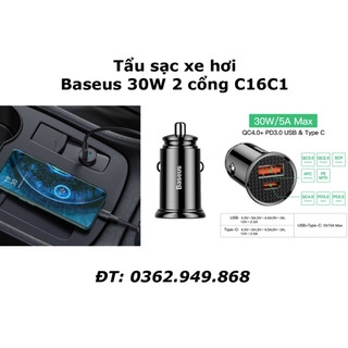 Tẩu sạc xe hơi baseus 30w 2 cổng c16c1