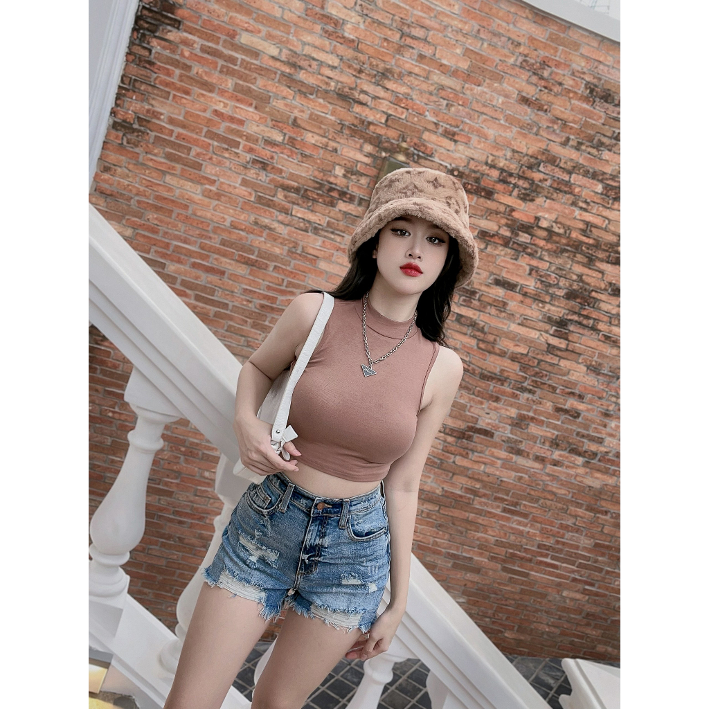Áo sát nách cổ cao croptop chất liệu cotton bozip co giãn thoải mãi, thấm hút mồ hôi MS36, BELLA TOP