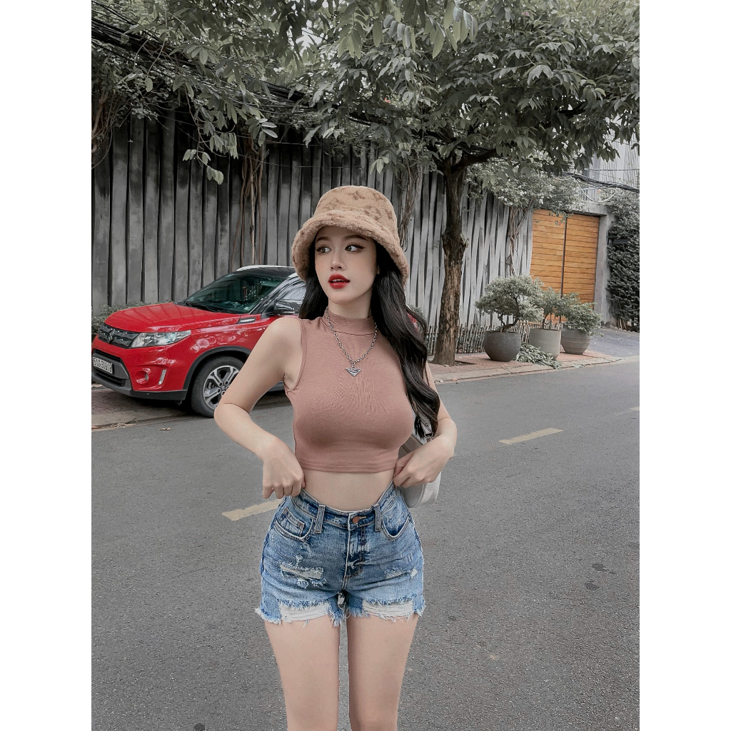 Áo sát nách cổ cao croptop chất liệu cotton bozip co giãn thoải mãi, thấm hút mồ hôi MS36, BELLA TOP