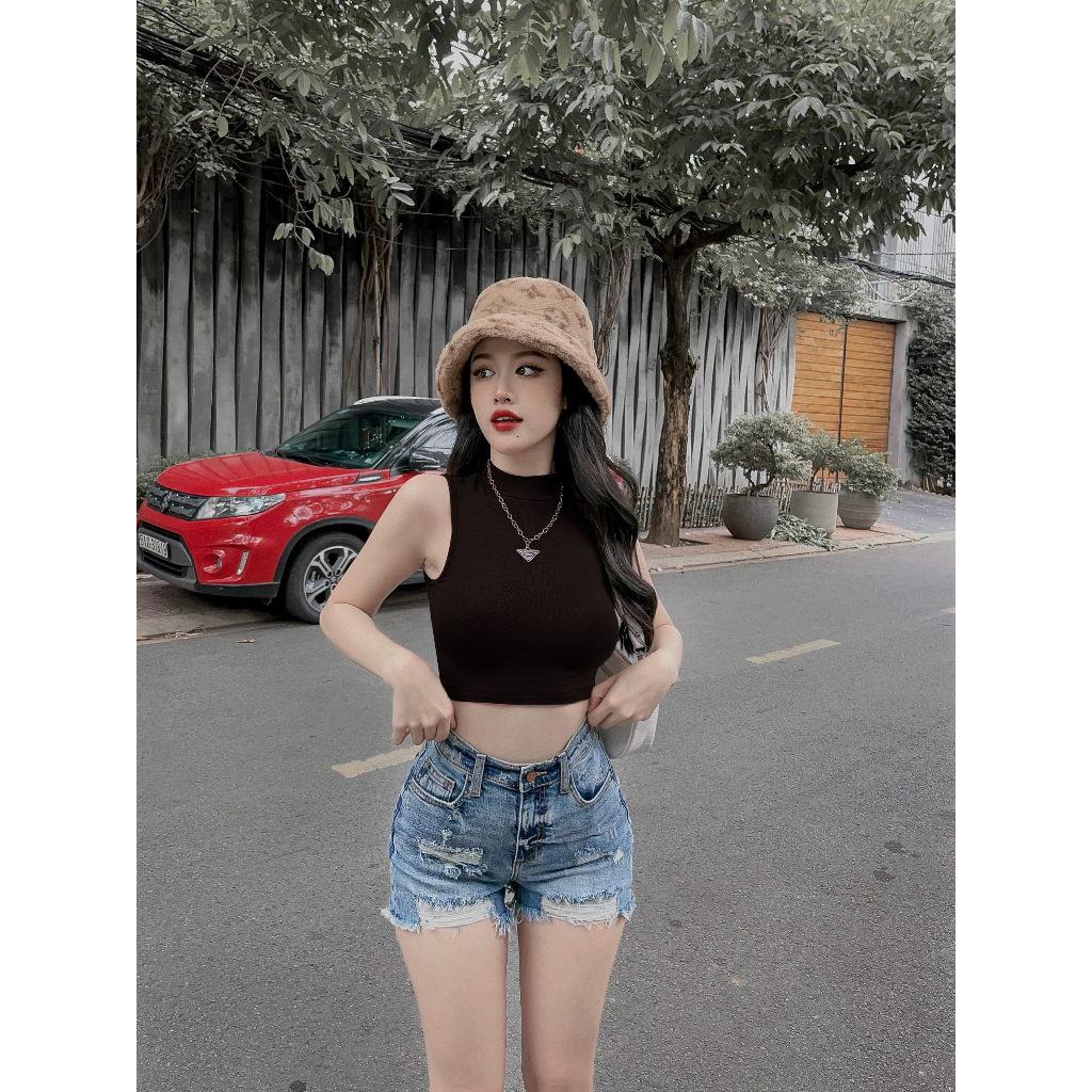 Áo sát nách cổ cao croptop chất liệu cotton bozip co giãn thoải mãi, thấm hút mồ hôi MS36, BELLA TOP