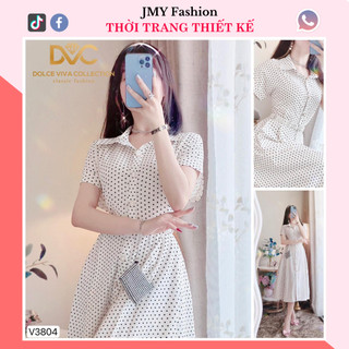 V3804 Váy đầm trắng sơ mi chấm bi đen xoè công sở [Dolce Viva Colection (DVC)] váy sơ mi xoè vintage