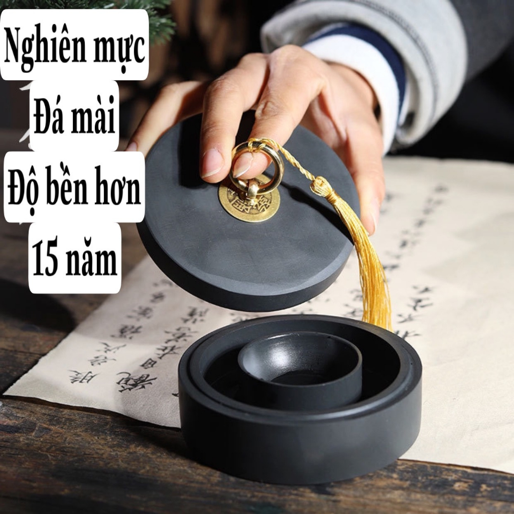 Ảnh thật văn phòng tứ bảo nghiên mực đá mài và chặn gỗ trấn chỉ hắc đàn cao cấp- NM01
