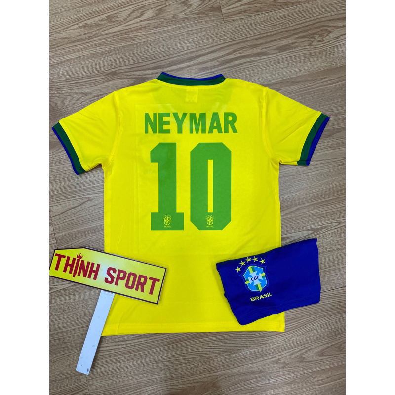 Bộ quần áo đá banh trẻ em Brazil, Bộ quần áo bóng đá trẻ em in tên và số theo yêu cầu