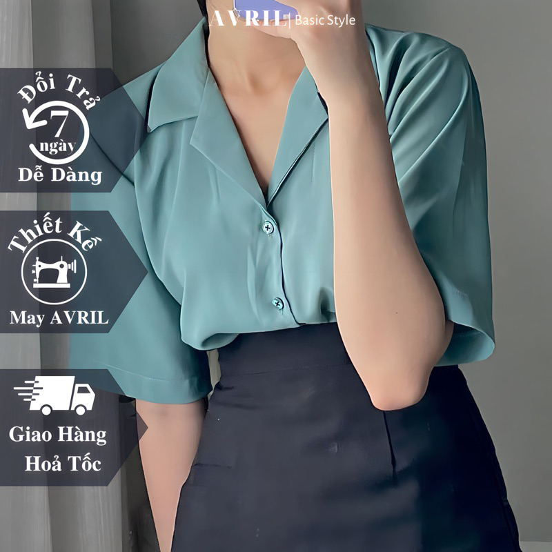 Áo sơ mi nữ tay ngắn cổ vest màu xanh lý form rộng kiểu Hàn Quốc chất mát không nhắn mã SMCT02