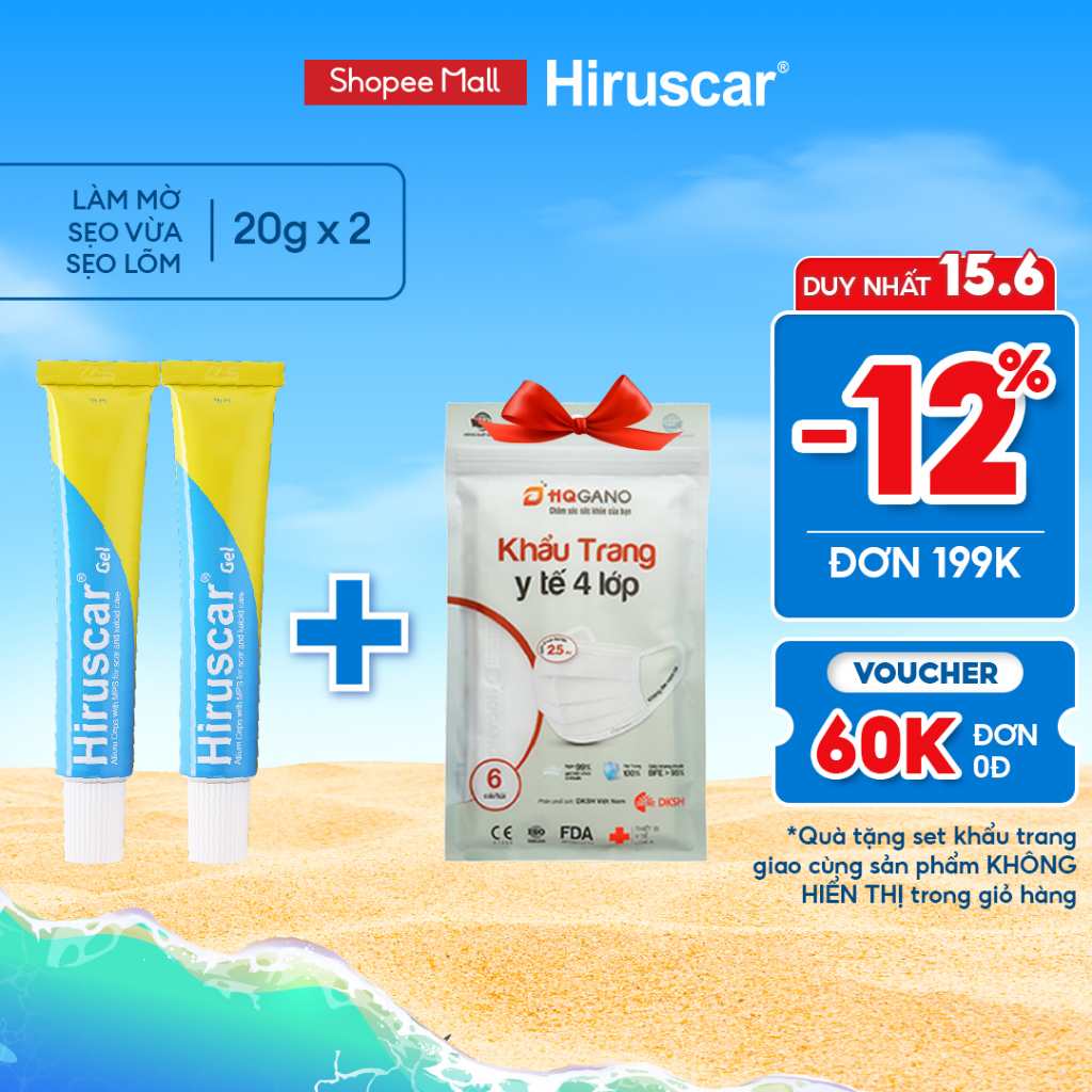 Bộ 2 Gel cải thiện sẹo vừa, sẹo lõm, sẹo thâm Hiruscar Gel 20g + Gift Khẩu trang