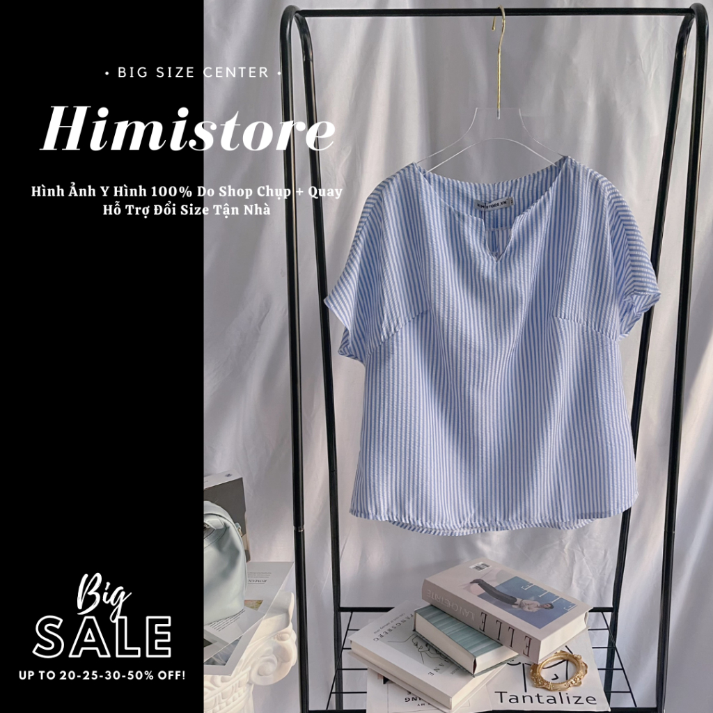 Áo Kiểu Nữ Bigsize Himistore Kiểu Cổ Áo Tàu Nằm Xẻ Chữ V Màu Xanh Sọc Trắng