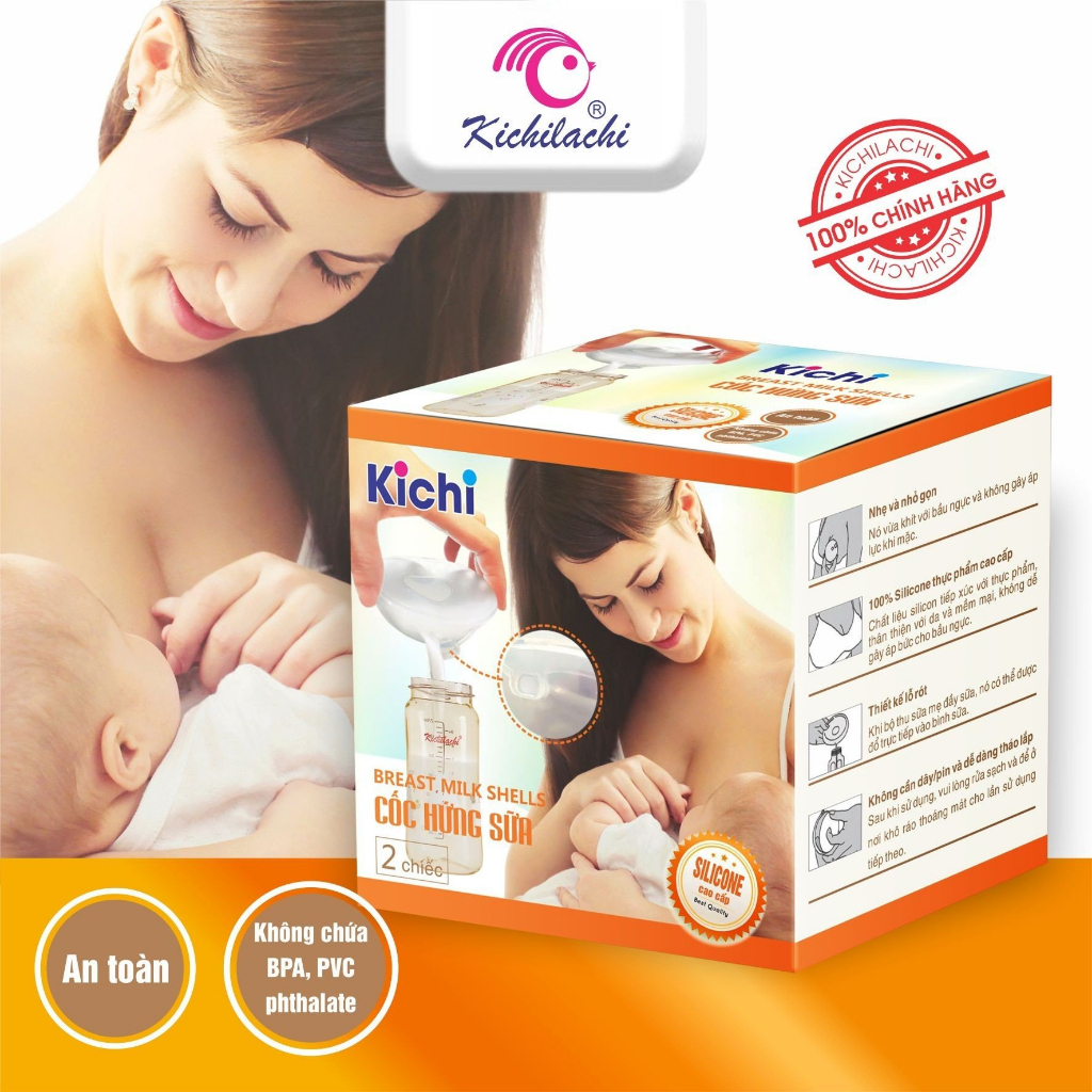 Hộp 2 cốc hứng sữa, phễu hứng sữa chống tràn silicon cao cấp, nhựa PP an toàn tiện lợi Kichilachi