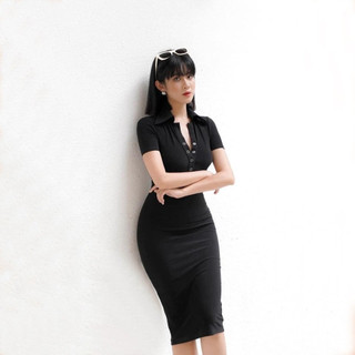 Đầm Body Cổ Bẻ Nút Bấm Gài Được thun Lụa dẻo