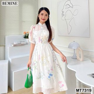 Đầm xoè cổ trụ tay phồng đính nút BEMINE MT7319