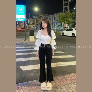 Quần tây nữ, quần tây ống loe , quần tây nữ xẻ một nút lưng cao chất tuyết mưa thời trang plq179- shop phuong lynh