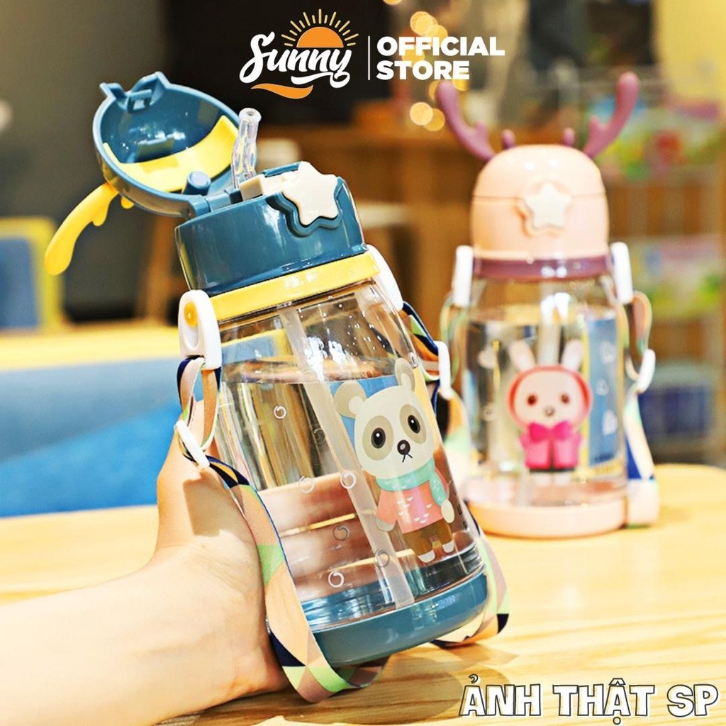 Bình nước sừng hươu nhựa PP có ống hút, dây đeo hoạt hình dễ thương dung tích 600ml