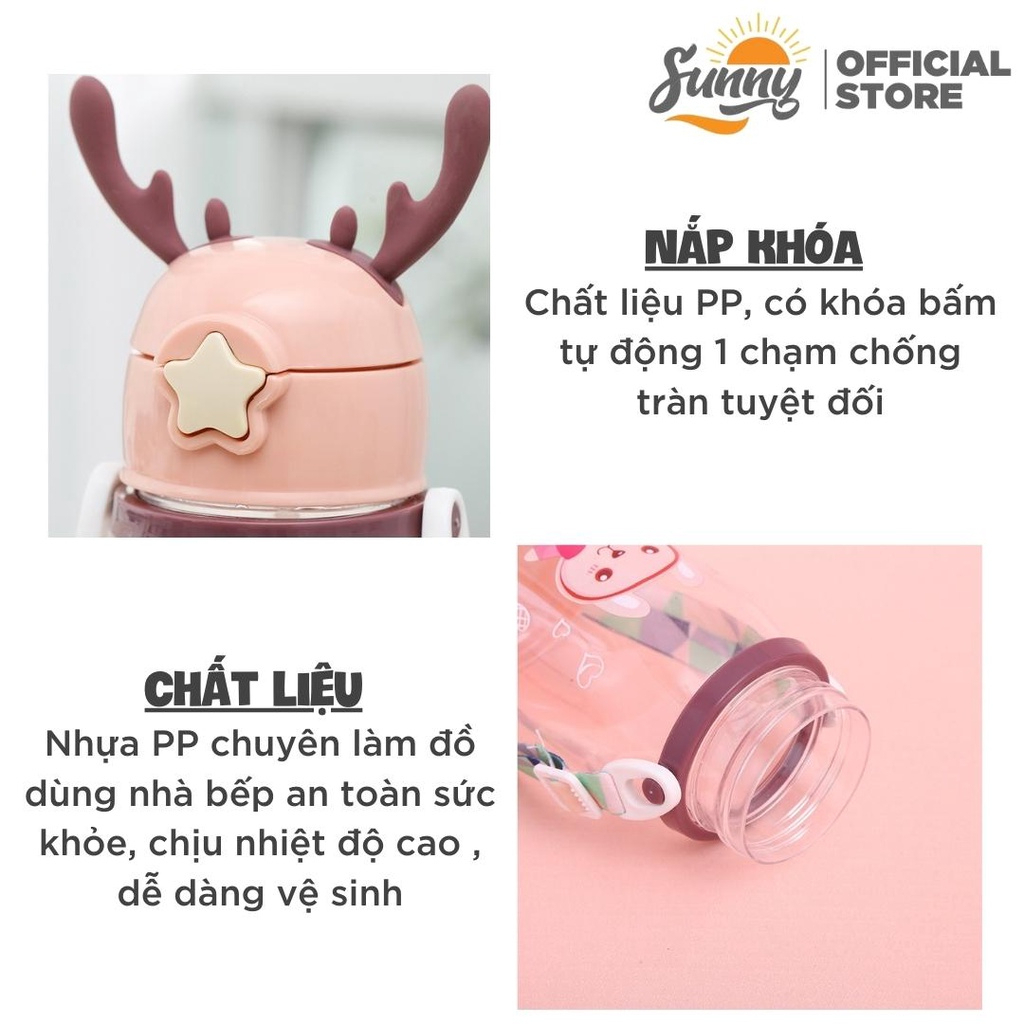 Bình nước sừng hươu nhựa PP có ống hút, dây đeo hoạt hình dễ thương dung tích 600ml