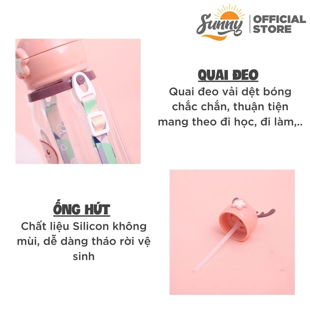 Bình nước sừng hươu nhựa PP có ống hút, dây đeo hoạt hình dễ thương dung tích 600ml