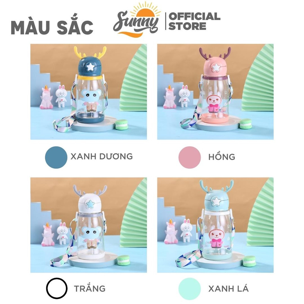 Bình nước sừng hươu nhựa PP có ống hút, dây đeo hoạt hình dễ thương dung tích 600ml
