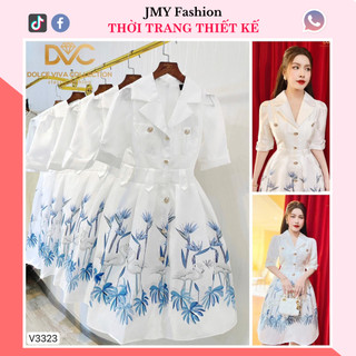 V3323 Váy trắng cổ vest tay lỡ [DVC&ACC] váy trắng hoạ tiết con cò sang chảnh