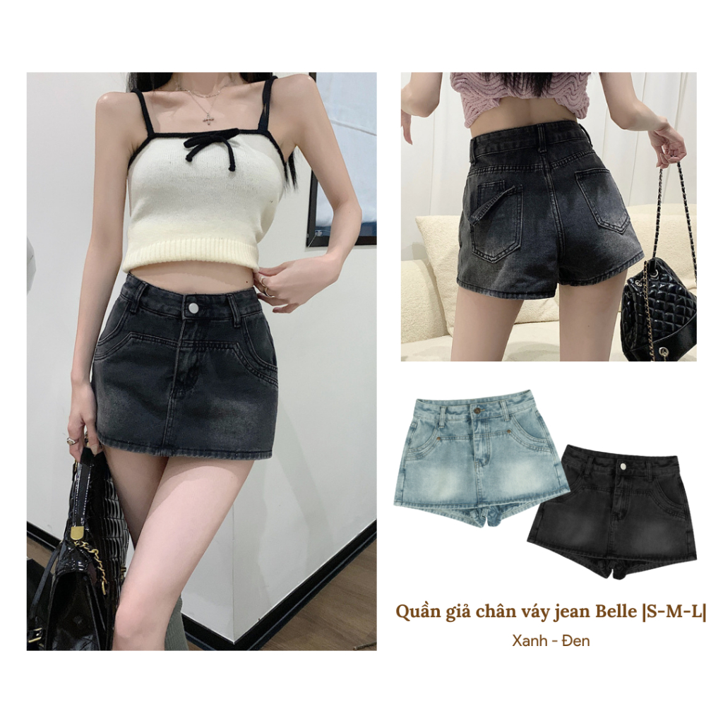 Quần giả váy jean dáng ngắn Belle cho nữ - Màu xanh/đen - vuver.vn