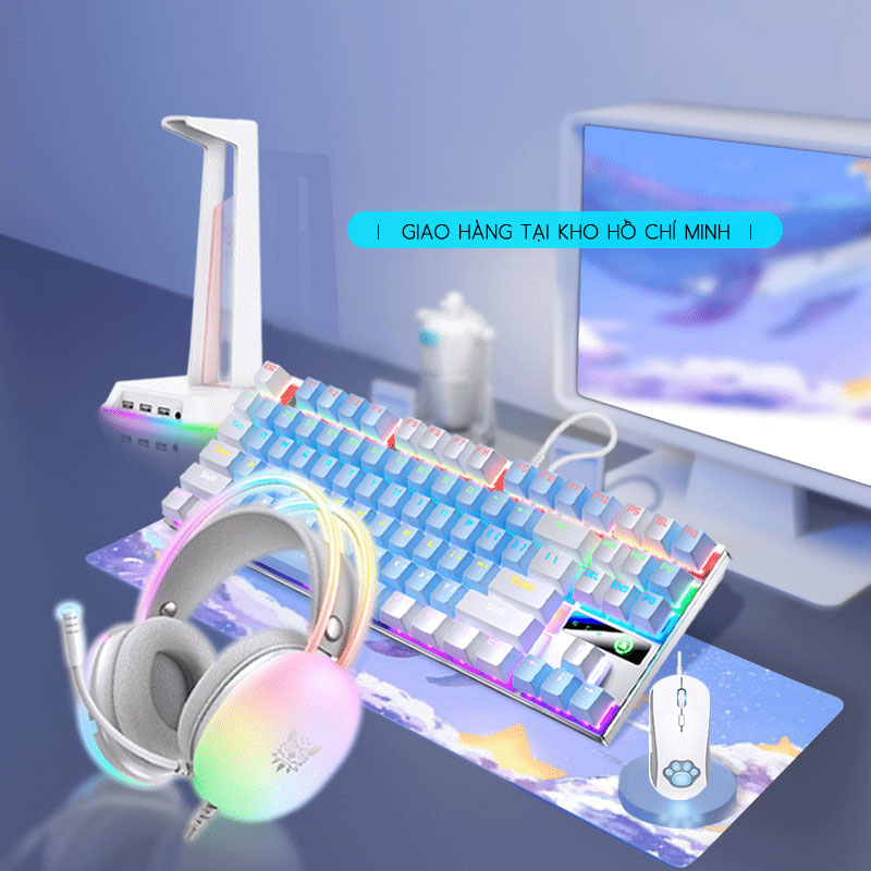 Bộ ba bàn phím, chuột, tai nghe kết hợp gồm 87 bàn phím cơ có dây, tai nghe gaming tai mèo, chuột chơi game có đèn RGB