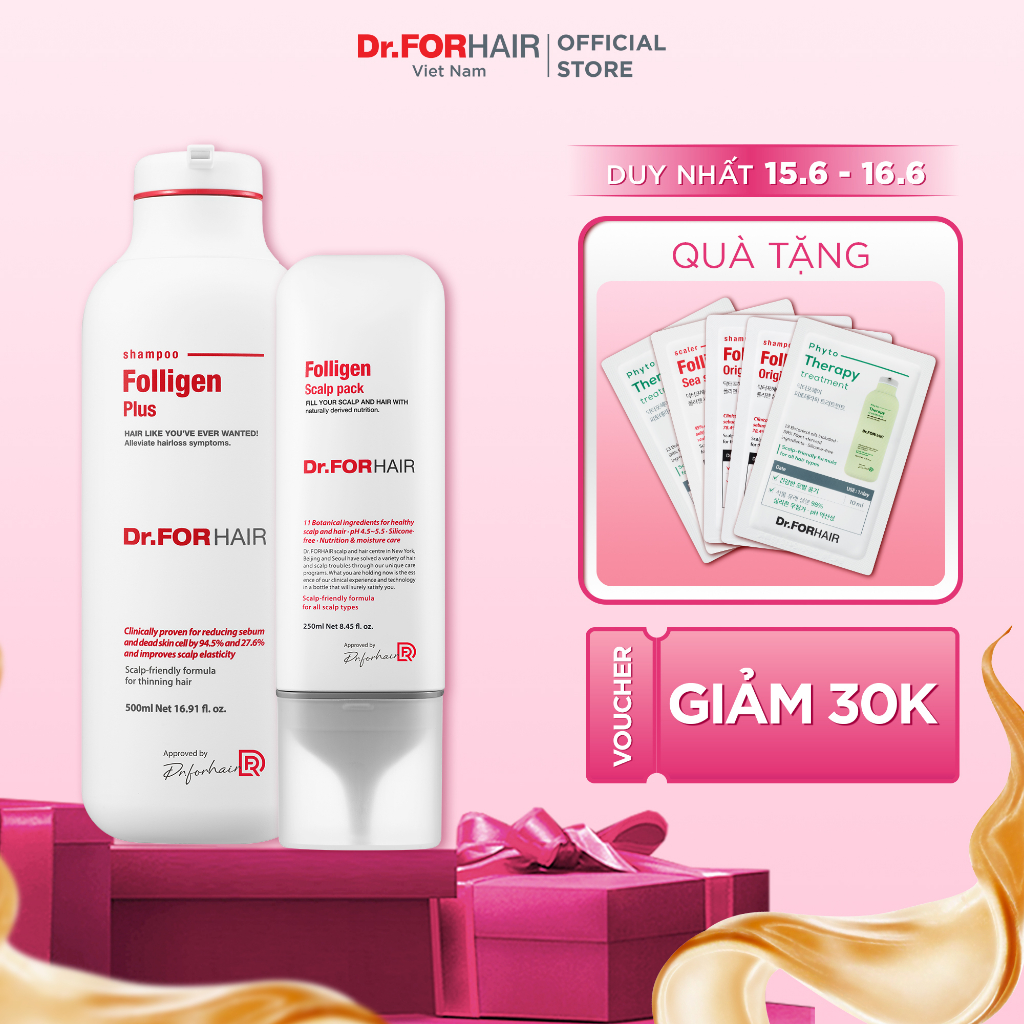 Combo gội xả dưỡng hỗ trợ mọc tóc giảm rụng tóc và gàu Dr.FORHAIR Plus Shampoo 500ml x Scalp Pack 250ml
