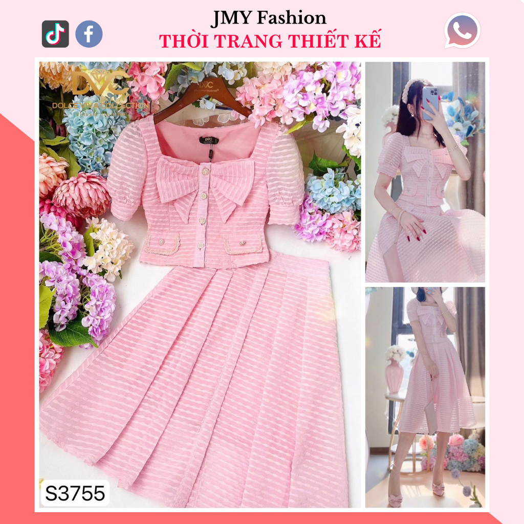 set áo cổ vuông chân váy xếp ly xoè dài