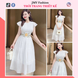 V303 Váy xoè trắng tay cánh tiên thêu hoa eo váy đầm trắng xoè dài đi biển