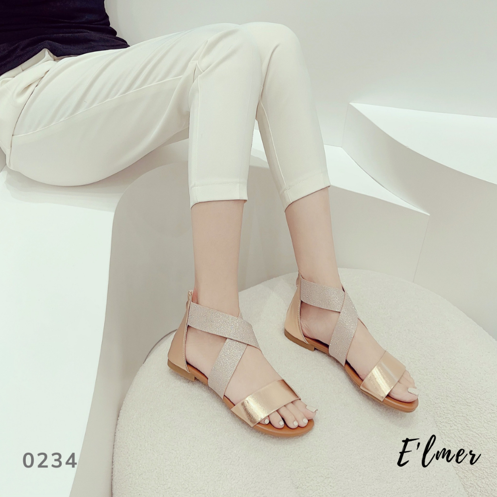 Giày Sandal Nữ ELmer Đế Bằng Quai Ngang Ánh Kim
