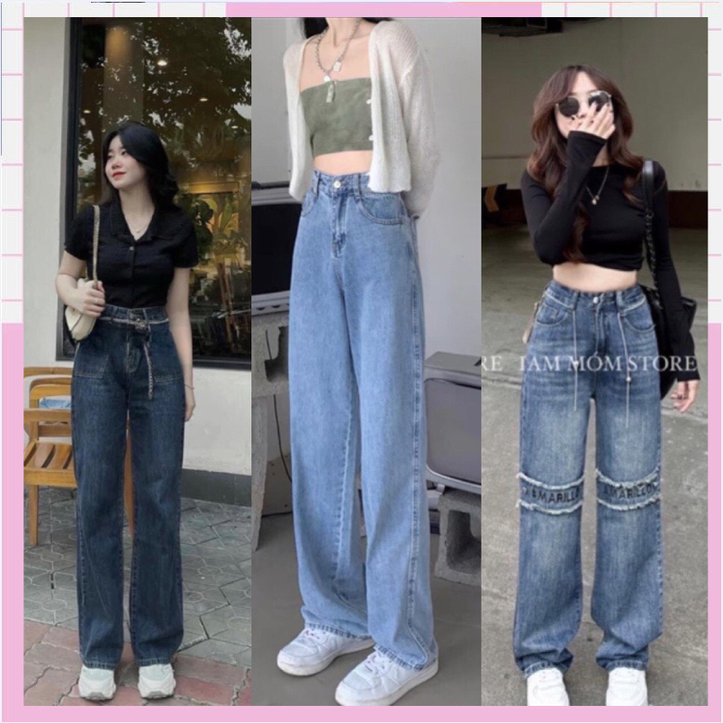 Quần bò jean ống rộng suông xuông nữ jeans cạp cao túi trước thêu gối phong cách Hàn Quốc 2023