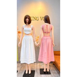 Set đầm maxi áo cropyop hở lưng cột nơ ( ảnh thật)