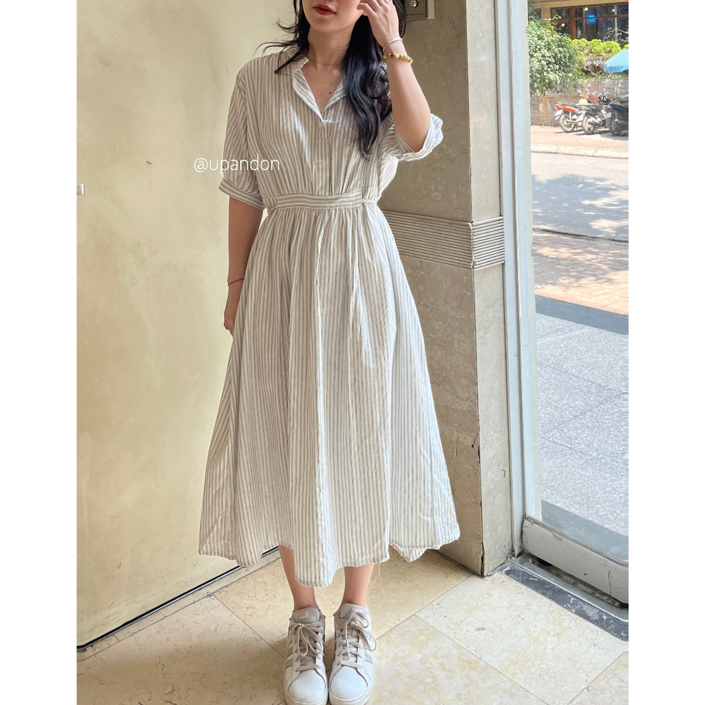 Váy sơ mi kẻ, cổ tàu, tay bồng, dáng dài phong cách Hàn Quốc