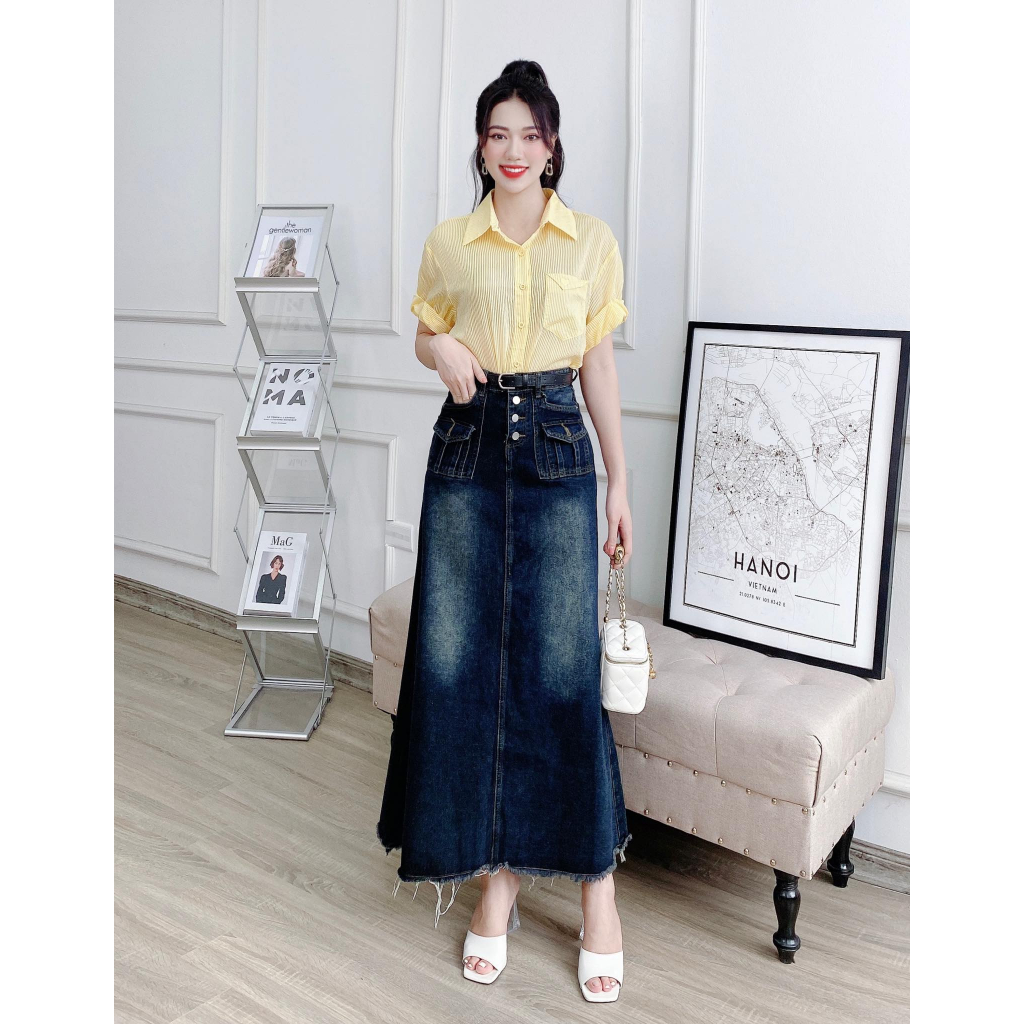 Chân váy jean dáng dài Odelia, cạp cao nhiều cúc - CV6952