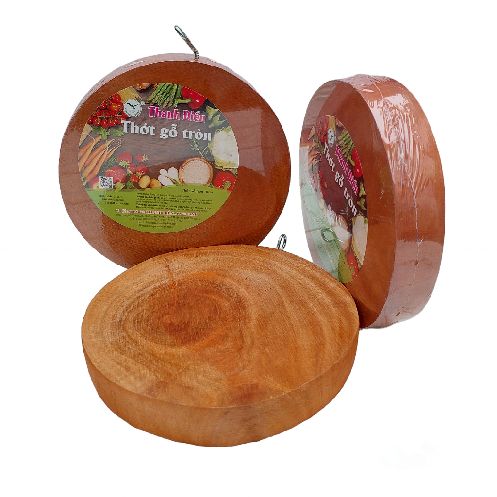 Thớt gỗ tròn 18cm Thanh Điền nặng 600 gram dầy 3cm có quai treo