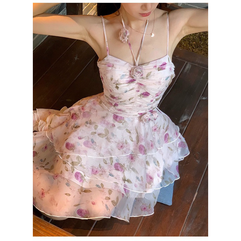 Đầm voan hoa hai dây tầng