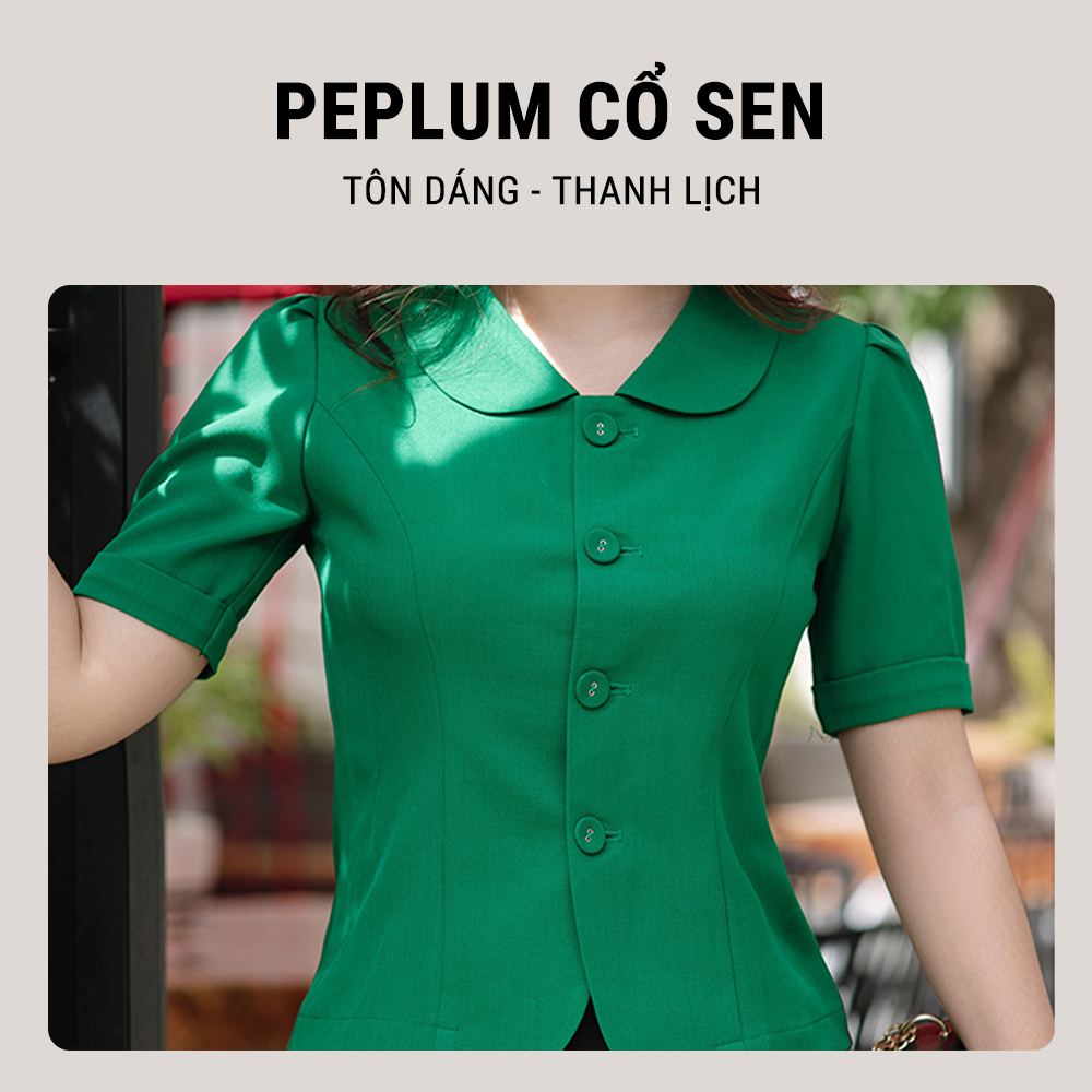 Áo sơ mi nữ peplum tay ngắn LELY cổ sen ôm eo màu xanh lá A1358