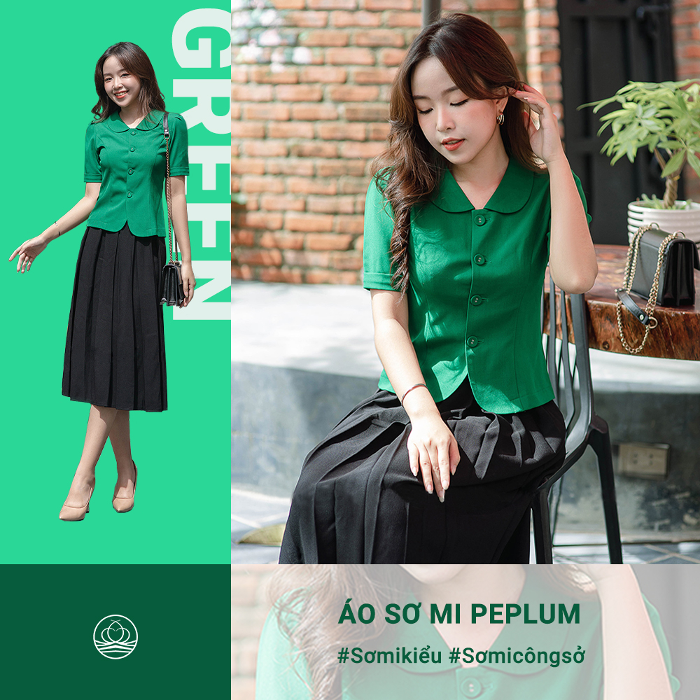 Áo sơ mi nữ peplum tay ngắn LELY cổ sen ôm eo màu xanh lá A1358