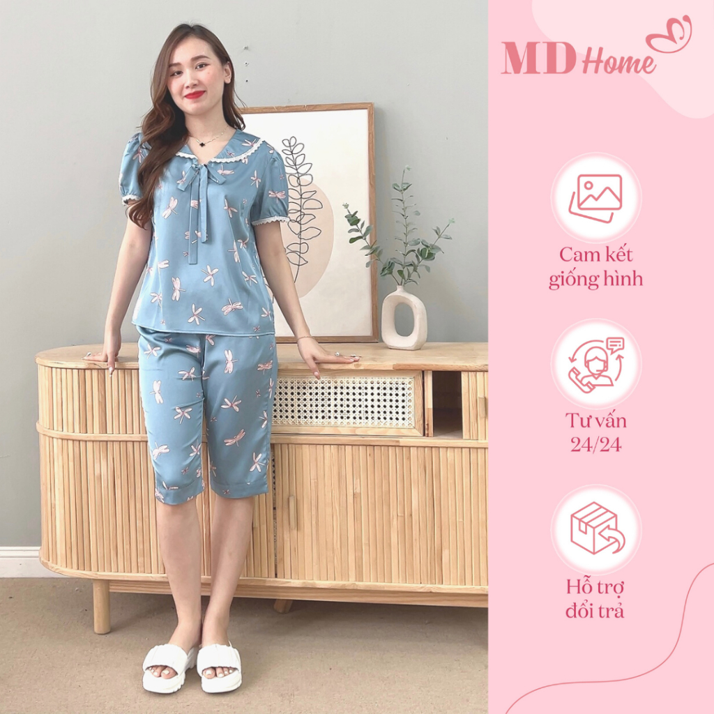 Bộ đồ nữ lụa latin tay ngắn cổ sen nơ mát mềm không nhăn 285 - MD Home