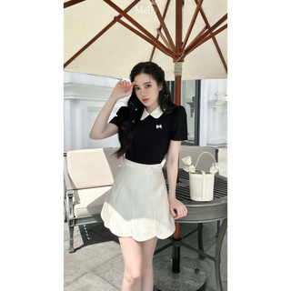 Áo đen nơ cổ sen-Chân váy kem lượn sóng xẻ tà-Thiết kế Méli
