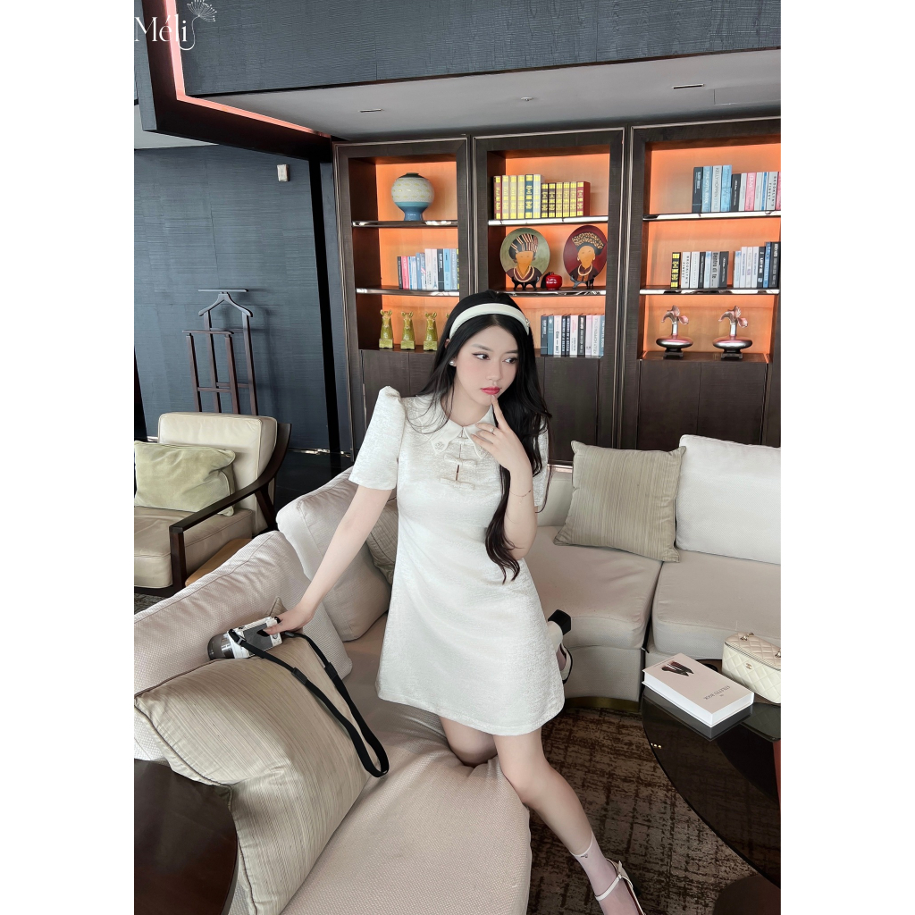 Váy xuông kem vai bồng nơ ngực-Thiết kế cao cấp Méli