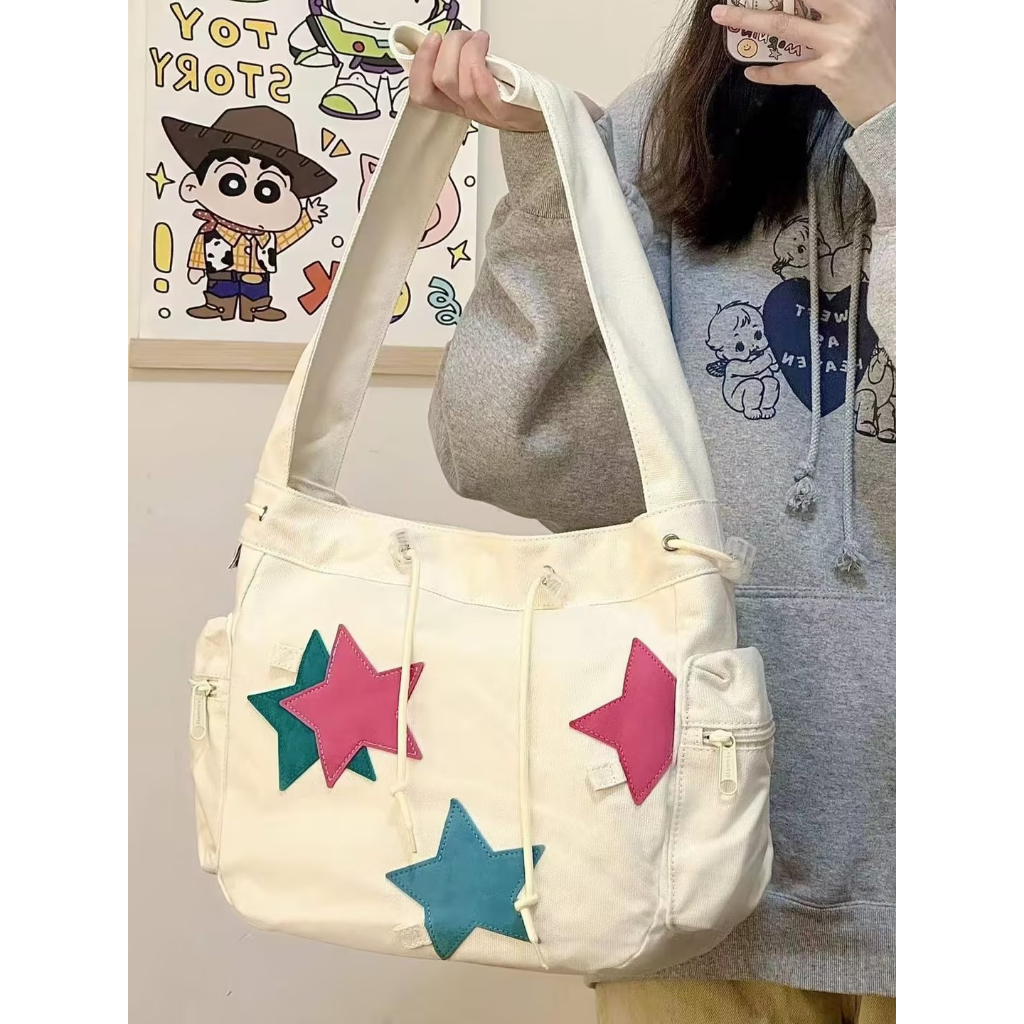 Phong Cách Retro Ngôi Sao Dây Rút Túi Công Suất Lớn Túi Tote Túi Vải Ins Túi⭐Hàng Có Sẵn?