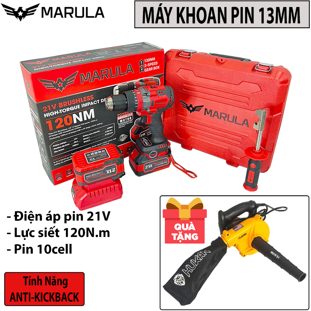 Máy Khoan Pin MARULA MR-HD0120AK - Không chổi than-Có búa - Khoan 3 chức năng 13mm - Chân Pin Phổ Thông