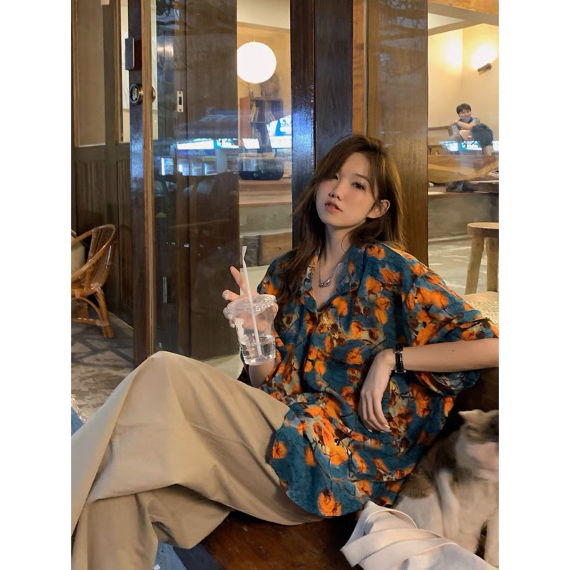 Áo sơmi xanh than hoa cam vintage mẫu mới 2023