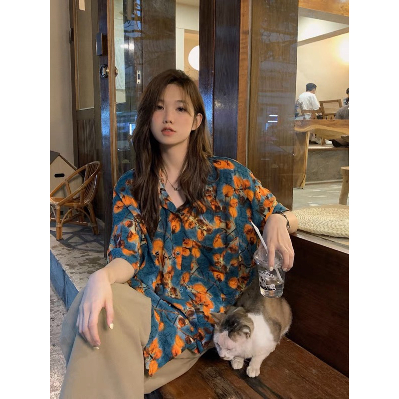 Áo sơmi xanh than hoa cam vintage mẫu mới 2023