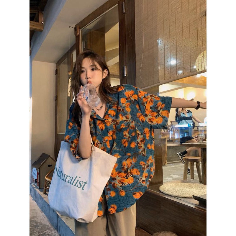 Áo sơmi xanh than hoa cam vintage mẫu mới 2023