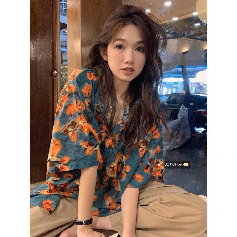 Áo sơmi xanh than hoa cam vintage mẫu mới 2023