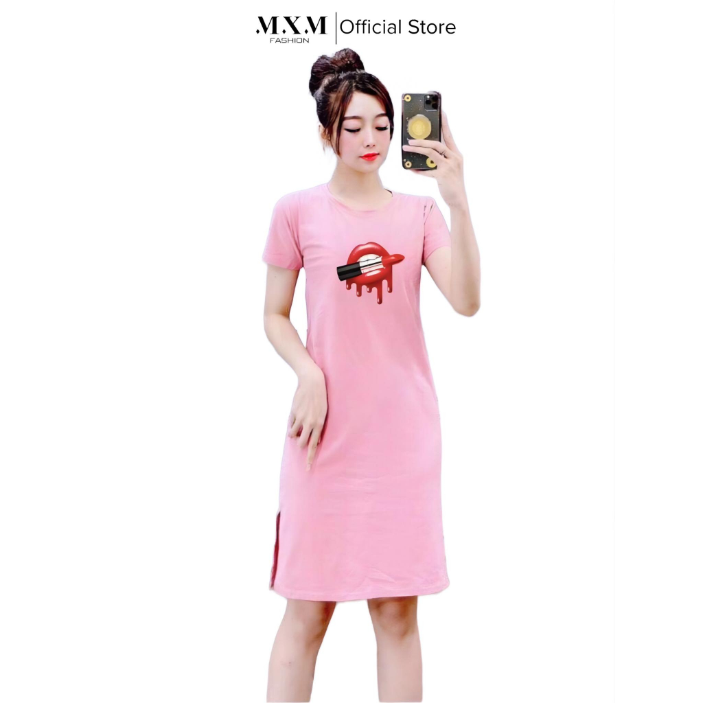 Đầm thun nữ form suông xẻ tà in hình đôi môi dễ thương mã D154