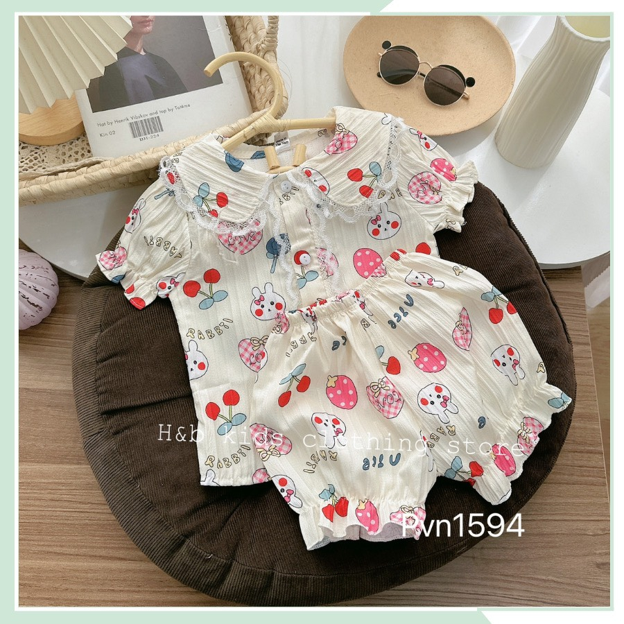 Bộ Pijama cho bé gái viền ren cổ bồng siêu xinh cho bé từ 1 tới 5 tuổi