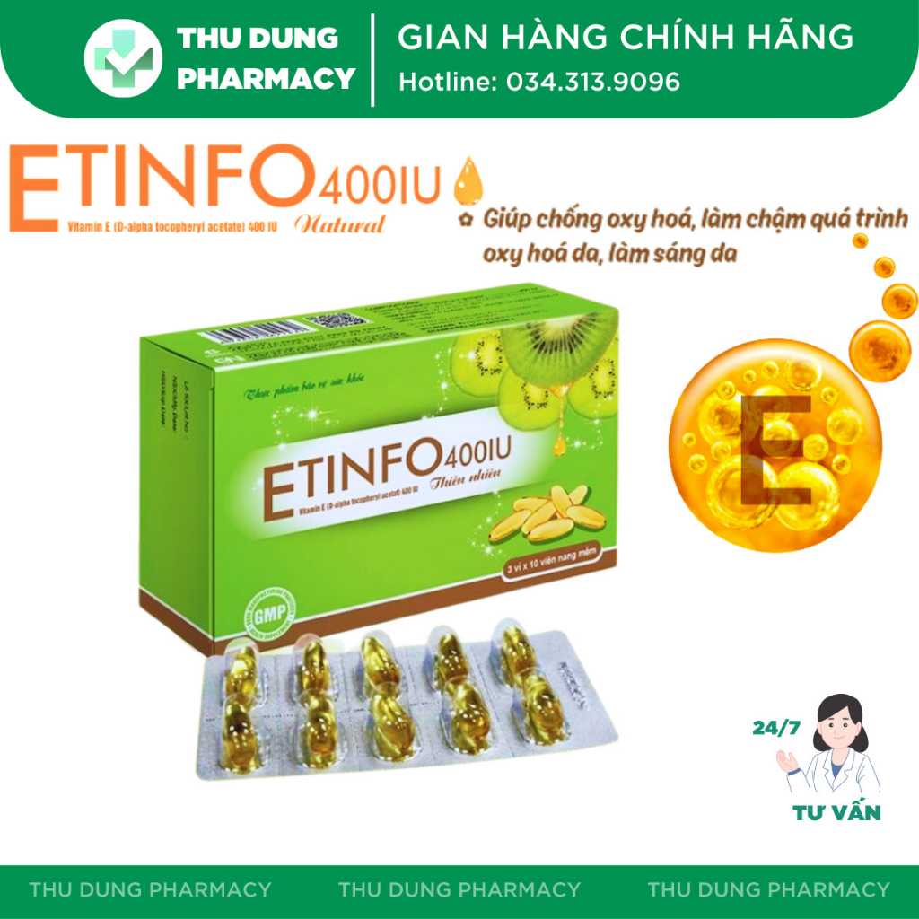 Viên Uống Bổ sung Vitamin E Etinfo 400IU Thiên Nhiên Giúp Giảm Lão Hóa, Da Sáng Khỏe Đẹp Tự Nhiên - Nhà thuốc Thu Dung
